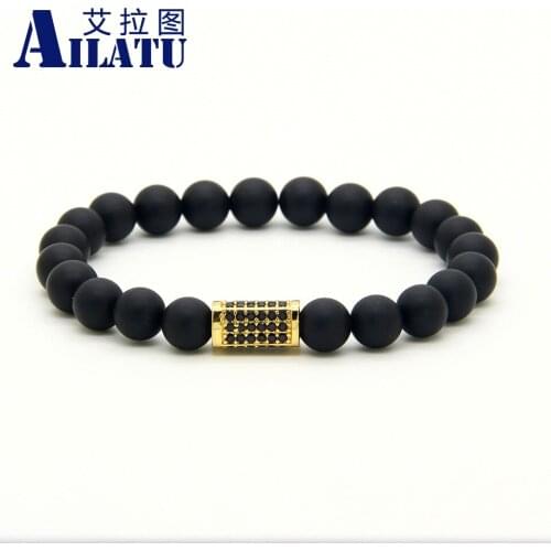 Ailatu Powerful Jewelry Wholesale 8mm Matte Onyx Stone Beads with Exquisite Micro Inlay Black Cz Rectangle Bracelet Top Quality