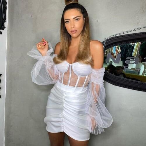 High Quality White Elegant Lace Mesh transparent Mini Bandage Dress Summer Sexy Off Shoulder Full Lantern Sleeve Fashion Party