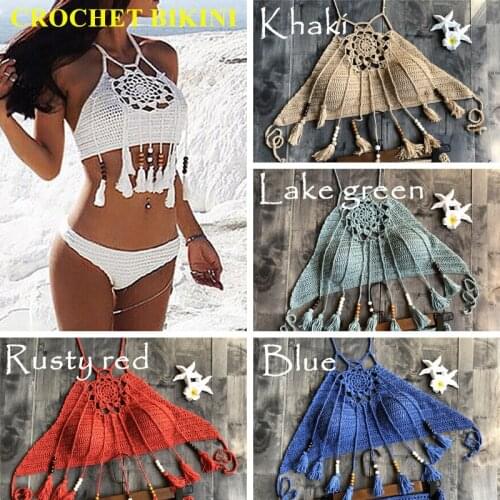 CROCHET BIKINI 2019 Sexy Halter Tie Knitting Beach Swimwear Halter Beaded Tassel Crop Top Brazil Bikini Swimsuit Bathing Suit