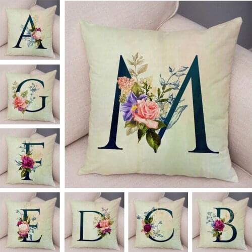 English Flower Beige Letter Print Pillow Case for Sofa Home Decor Floral A-Z Cushion Cover Soft Short Plush Pillowcase 45x45cm
