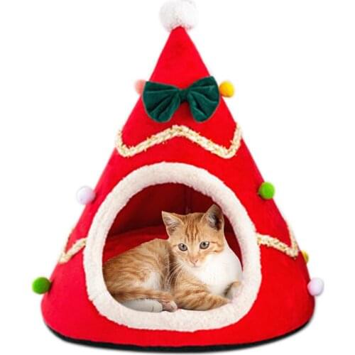 Pet Cat Bed House Dog Kennel Washable Puppy Cave Christmas Tree Shape Winter Warm Sleep Bed Chrismas Decoration Pet Supplies