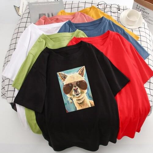 Refreshing Design New T Shirt Women Alpaca With Sunglasses Is Eating Grass Graphic Print T-shirt Kawaii Loose Vogue T Shirt