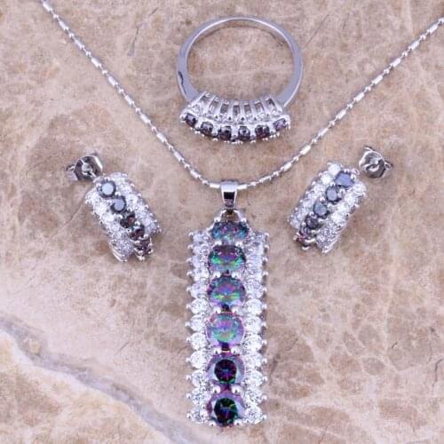 Astonishing Rainbow Mystic White CZ Silver Plated Jewelry Sets Earrings Pendant Ring Size 6 / 7 / 8 / 9 / 10 / 11 /12 S0543