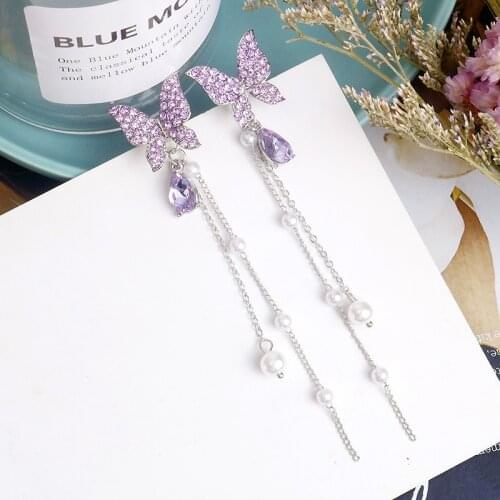 Korea Sparkly Rhinestone Butterfly Drop Earrings for Women Girl Metal Purple Crystal Long Tassel Earrings Wedding Bridal Jewelry