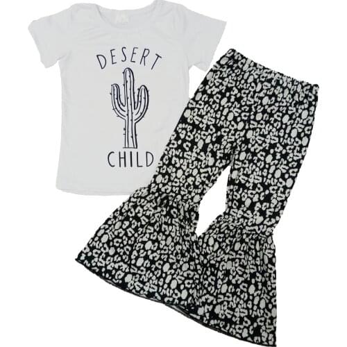 Hot Sale Boutique kids Clothing Set Toddler Kids Girl Cactus Short Sleeve and Leopard Bell Bottom Wide Leg Pants
