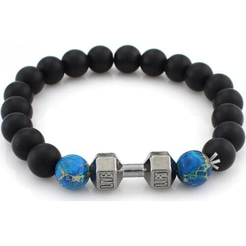 Hot selling! Metal Barbell Jewelry for men 8mm Black Stone Beads yoga Fitness Fashion Fit Life Dumbbell Bracelets tomo
