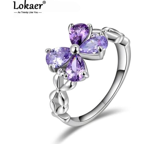 Lokaer Fashion Purple Cubic Zirconia Flower Party Rings Jewelry Prong Setting Crystal Wedding Rings For Women Anillos Ri-HQ0257