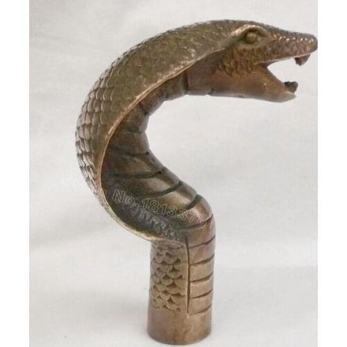 Copper Statue Chinese Old Bronze Hand Carved Cobra Statue Cane Walking Stick Head fast shipping