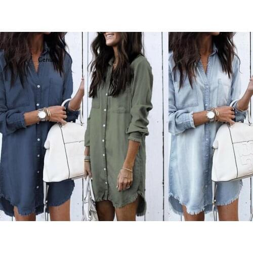 Fashion Women Denim Shirt Vintage Blue Jean Blouses Casual Long Sleeve Ladies Tops Blouse Femme