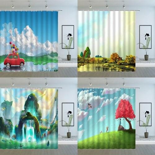 Cartoon Scenery Shower Curtains Hand Painted Water Color Spring Autumn Landscape Pattern Bathroom Decor Polyester Hanging Cloth