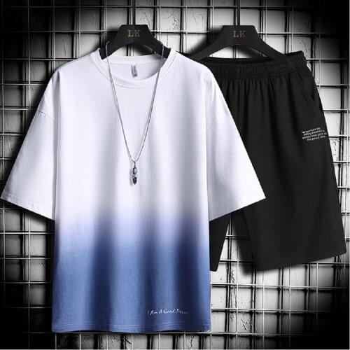 2021 Brand Men Summer New Tracksuit Mens Sportswear Short Sleeve T-Shirt+Shorts Shorts 2PC Sets Male Jogger Sport Suit Gradient