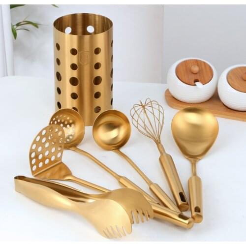 Gold Cooking Tool Set Chopsticks Tube Kitchenware Soup Ladle Colander Set Egg Stirrer Food Clip Kitchen Utensils