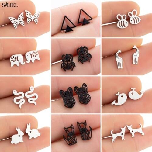 Stainless Steel Animal Stud Earrings for Women Girls Simple Fox Cat Whale Giraffe Dog Earings Jewelry Bee Snake Accessories Gift