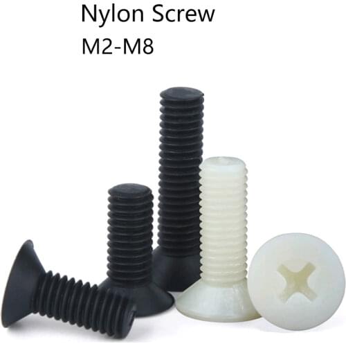 M2.5 M3 M4 M5 M6 M8 Nylon Black White Flat Head Machine Screw Countersunk Plastic Phillips Cross Recessed Head Metric Bolts