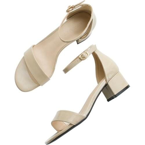 2021 summer New 4CM high heels Patent leather Womens shoes Thick with Word buckle mid heel sandals