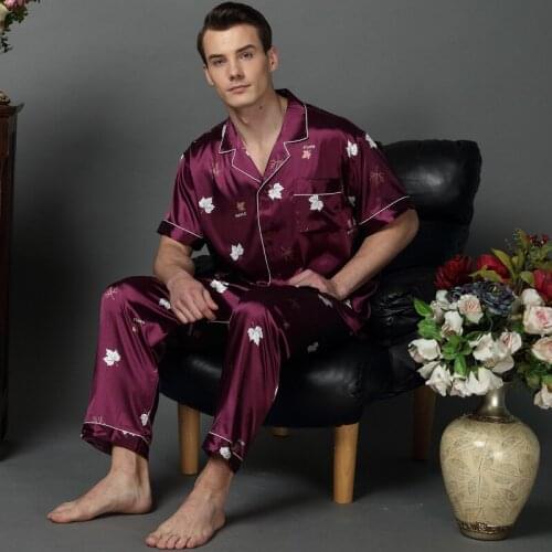 Purple Leaf Printed Short Sleeves Summer Man Pajamas Plus Size Silk Satin Goods For Home And Comfort Large Size Lounge Set Tuin