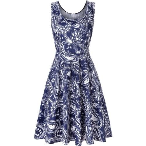 Women Fashion O-neck Sleeveless Strap Cashew Flowers Geometric Print Dress Summer Dress Robe Femme