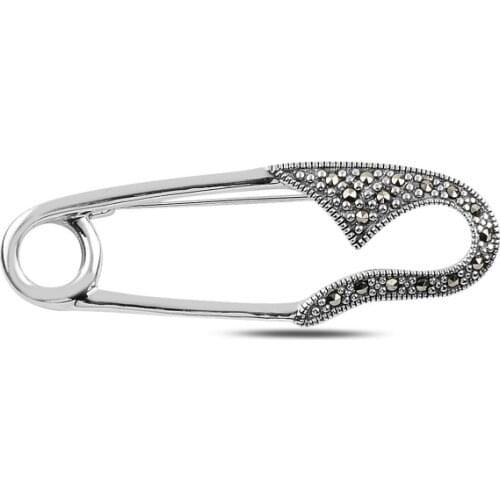 Silverlina Silver Safety Pin With Marcasite Stone Brooch