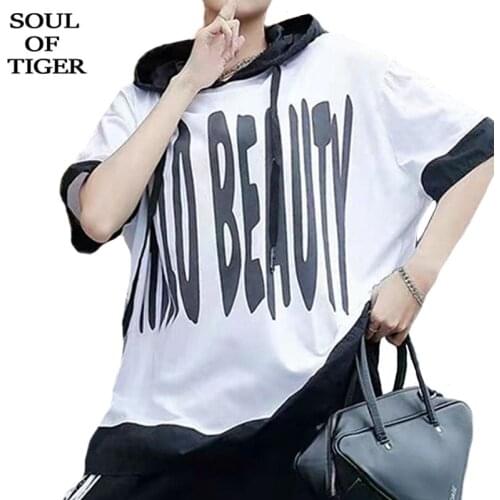 SOUL OF TIGER European Style 2021 Tops Women Black Hooded Loose T-shirt Female Fitness Vintage Tee Girl Casual Oversized Clothes