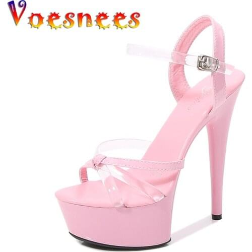 Voesnees Pvc Basic Party Shoes Stripper Heel Women Shoes Female Sandles Summer High Heels Platform Red Wedding Shoes Cross Belt