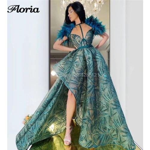 Special Fabric Glitter Green Evening Dresses For Arabic Dubai Vestidos Kaftans Party Gown 2020 Feathers Split Side Prom Dresses