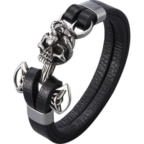 Vintage Skull Double Layer Leather Bracelet Stainless Steel Men Jewelry Easy Hook Buckle Bangles Male Wrist Band Gifts