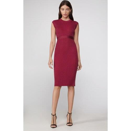 Top Quality Jacquard Round Neck Sleeveless Bodycon Red Rayon Bandage Dress Women Party Dress