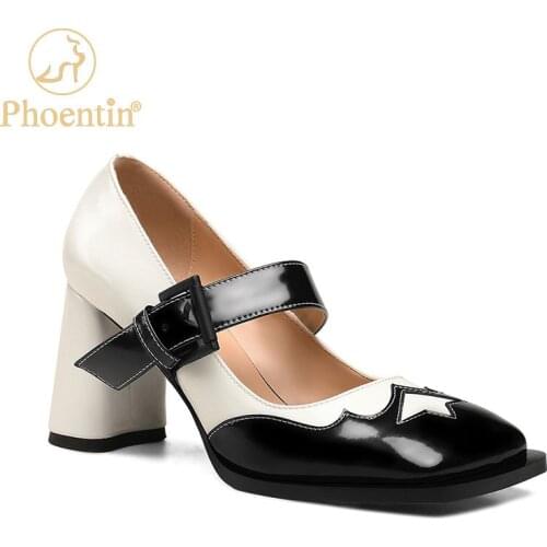 Phoentin Retro Party patchwork Mary Janes 2021 new High Heels Pumps Square Toe Genuine Leather Woman Shoes black white FT1410
