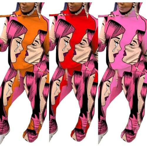 VAZN 2020 Hot Fancy Plus Size Nature Young Casual Daily Tracksuits Hooded Full Sleeve Top Long Pants Slim Women 2 Piece Set