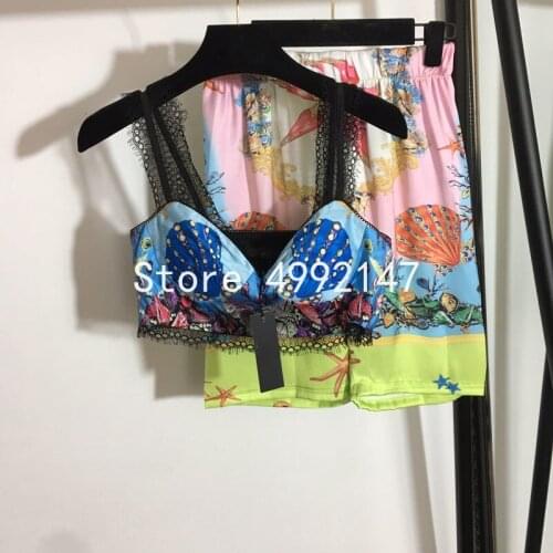 Summer women designer shell starfish printed shorts set lace patchwork strapless top + elastic waist shorts 2 pieces set y648