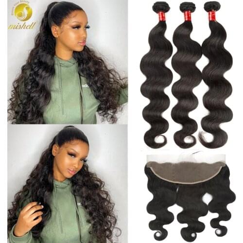 Mishell 30 32 34 40 Inch Body Wave Brazilian Hair Bundles With Frontal Human Hair Weave With 13X4 Frontal Remy Hair Extension