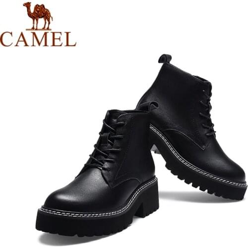 CAMEL Genuine Leather Ankle Boots Platform Women Shoes 2021 Spring Autumn New Zipper Thick Heel Martin Boots Ankle Booties Black
