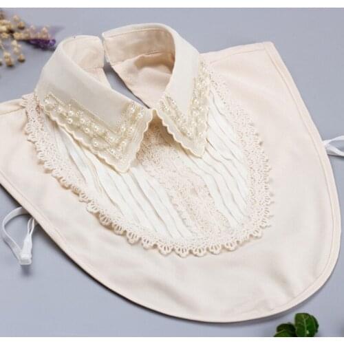 Women Vintage Elegant Layered Chiffon False Fake Collar Lace Patchwork Imitation Pearl Beaded Lapel Half Shirt Blouse Detachabl