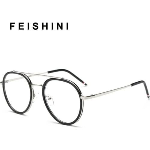 Feishini Pink korea Fake Glasses Computer Women Vintage Metal Pattern Leg Design Eyewear Men Eyeglasses Clear Lens Transparent