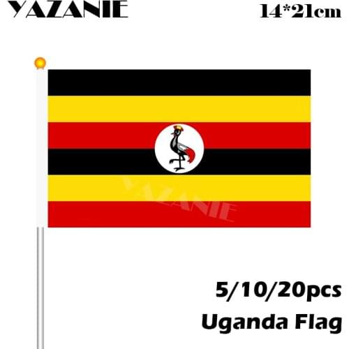 YAZANIE 14*21cm 5/10/20pcs Uganda World Hand Wave Flags #8 Polyester Hand National Flag with Plastic Sticks Countries Banner