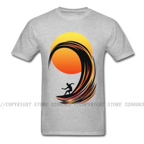 Cool Surfer On Fire Summer Tops & Tees For Adult Custom Short Sleeve Men Grey T-shirt Cartoon Sea Wave Sunset