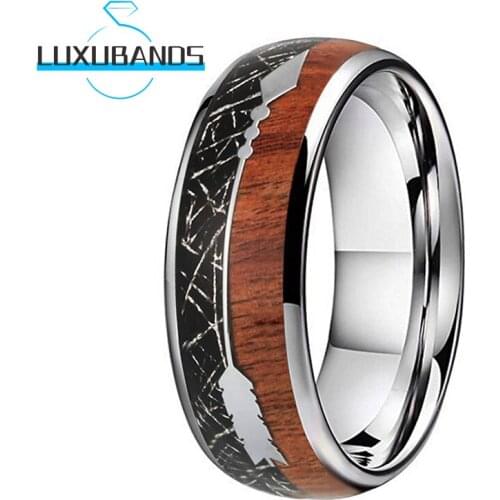 8MM Men Womens Tungsten Rings Black Wedding Bands Meteorite Middle Arrows Wood Inlay Polished Finished Comfort Fit