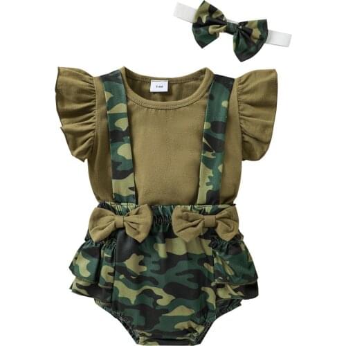 FOCUSNORM 0-24M Summer Infant Baby Girls Boys Clothes Sets Ruffles Short Sleeve Tops Camouflage Overalls Shorts Headband