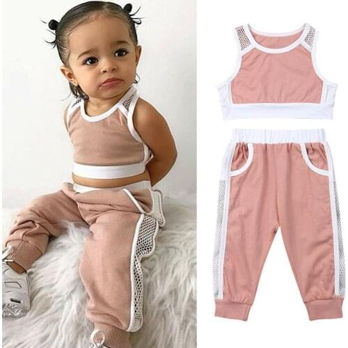 Summer Tracksuit Pink Sports Vest Tank Tops+Long Pants Outfits Set Toddler Girls Clothes Sets