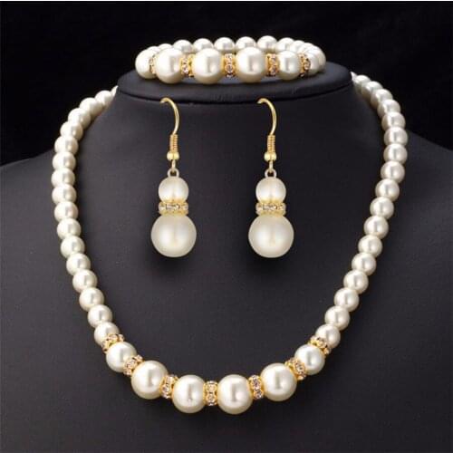 MIQIAO Gold Plated Pearl Luxury Collar Necklace Piercing Earring Hook Bracelet Bangle Jewelry Set for Women Wedding Couple Gift
