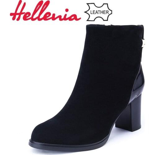 Hellenia Fashion Black Navy Suede Leather Boots with Warm Plush Wool handmade high Quality Classic Women Shoes Winter