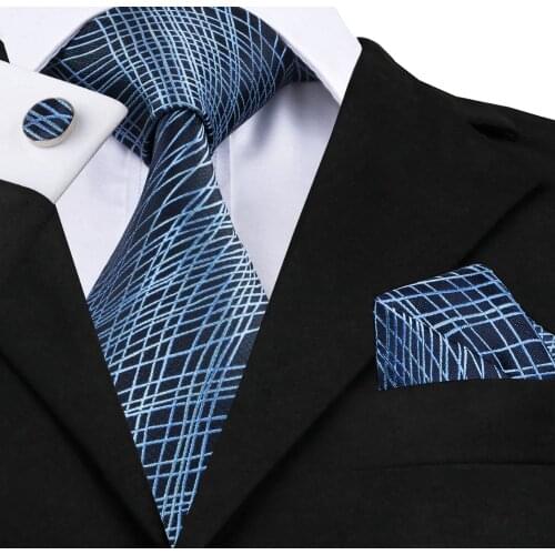 SN-1086 Tie Hanky Cufflinks Sets Blue & Light blue Novelty Mens 100% Silk Ties for Men Formal Wedding Party Groom