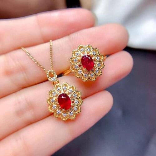 Natural Ruby Ellipse Luxury Wedding Jewelry Sets 925 Silver Ring Pendant Necklace Tow-piece For Women Free Shipping MeiBaPJFS