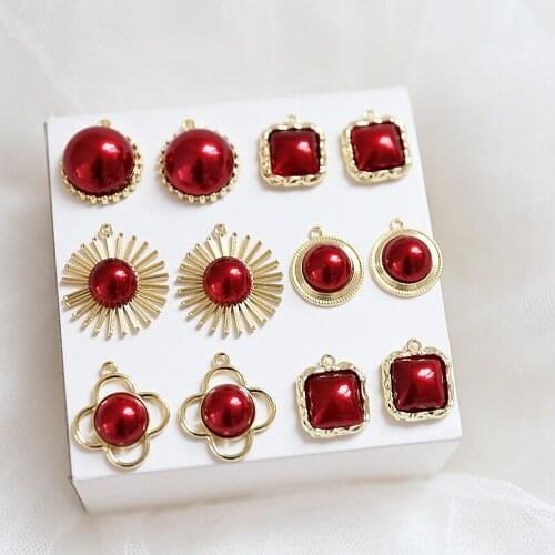 New style 30pcs/lot red beads core geometry rounds/square/flower shape alloy floating locket charm diy jewelry earring accessory