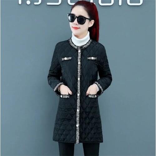 Lightweight Wadded Coat Women Round neck Button Gimp Long Warm Outerwear Tassels Patchwork Black Padded Loose Female Jacket