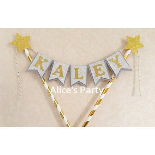 Personalized Gold Twinkle Stars Boy Name Smash Cake Topper Bunting Silver Grey Gray Baby Shower Birthday Party Decoration Flag