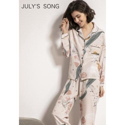JULYS SONG Viscose Women Pajamas Casual Turn-down Collar Long Sleeve Sleepwear Floral Printed Pockets Autumn Pyjama Femme