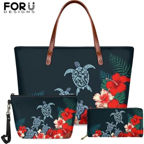 FORUDESIGNS Luxury Women 3pcs/set Handbag PU Wallet Sea Turtle Tropical Hibiscus Plumeria Poly Print Large Capacity Shoulder Bag