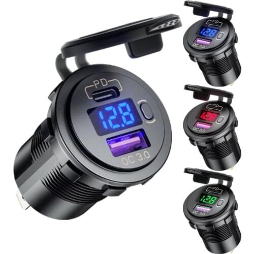 ROXGOCT 48W PD+QC 3.0 12V/24V USB Car Charger LED Voltmeter Power Switch Car Lighter Socket For Motorcycle Truck SUV RV ATV Boat
