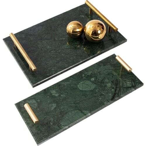 Modern Luxury Home Hotel Green and Black Decorative Tray Marble Perfume Tray with Gold Metal Handle